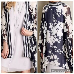 Anthroplogie Elevenses Navy & White Sheer Silk Floral Kimono Cardigan Size OS